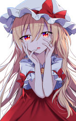 Rule 34 | 1girl, alternate hair length, alternate hairstyle, blonde hair, commentary request, dress, e.o., flandre scarlet, hair between eyes, hat, highres, long hair, looking at viewer, mob cap, red dress, red eyes, short sleeves, simple background, slit pupils, solo, touhou, very long hair, white background, white hat