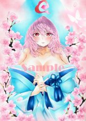 Rule 34 | 1girl, arim0k0, bare shoulders, blue headwear, blue kimono, breasts, bride, cleavage, flower, highres, huge breasts, japanese clothes, kimono, looking at viewer, parted lips, pink flower, pink hair, red eyes, saigyouji yuyuko, sample watermark, short hair, smile, solo, touhou, traditional media, upper body, wataboushi, watermark