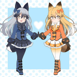Rule 34 | 10s, 2girls, :d, adapted costume, animal ears, black gloves, black neckwear, black pantyhose, blonde hair, blue bow, blue coat, boots, bow, coat, commentary, crossed legs, extra ears, eyes visible through hair, ezo red fox (kemono friends), fang, footwear bow, fox ears, fox tail, frilled skirt, frills, full body, fur-trimmed sleeves, fur trim, gloves, gradient hair, grey hair, hair between eyes, hair bow, heart, holding hands, kemono friends, knee boots, long hair, long sleeves, looking at viewer, multicolored hair, multiple girls, necktie, open mouth, orange bow, orange coat, orange neckwear, pantyhose, silver fox (kemono friends), simple background, skirt, smile, tail, white neckwear, yellow eyes, yellow legwear, yukiko haotome