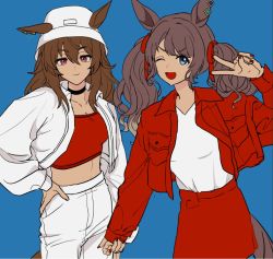 Rule 34 | 2girls, alternate costume, animal ears, blue background, blue eyes, breasts, brown hair, bucket hat, choker, crop top, ears through headwear, hair between eyes, hand on own hip, hat, horse ears, horse girl, horse tail, jacket, long hair, long sleeves, midriff, mob trainer, multiple girls, nail polish, nakayama festa (umamusume), open clothes, open jacket, open mouth, pants, pink eyes, red jacket, red nails, shirt, shirt tucked in, simple background, small breasts, smile, tail, tosen jordan (umamusume), twintails, umamusume, v, white headwear, white jacket, white pants, white shirt