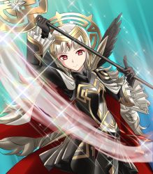 Rule 34 | 1girl, armor, black armor, black gloves, cape, closed mouth, crown, fire emblem, fire emblem heroes, gloves, grey hair, hair ornament, holding, holding staff, kakiko210, long hair, long sleeves, nintendo, red eyes, solo, sparkle, staff, veronica (fire emblem)