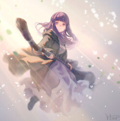 1girl black_coat black_footwear blunt_bangs coat dress fern_(sousou_no_frieren) full_body holding holding_staff long_hair mage_staff purple_eyes purple_hair solo sousou_no_frieren staff white_dress yuimiduki