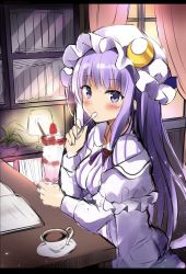 Rule 34 | 1girl, bad id, bad twitter id, blue ribbon, blush, book, bookshelf, breasts, cinnamon stick, commentary request, crescent, crescent pin, cup, curtains, desk, dessert, eating, food, frilled hat, frills, hat, hat ribbon, highres, hyurasan, ice cream, lamp, long hair, looking at viewer, medium breasts, mob cap, open book, patchouli knowledge, plant, potted plant, purple eyes, purple hair, purple neckwear, raised eyebrows, ribbon, sitting, solo, spoon, teacup, touhou, unfinished, utensil in mouth, very long hair, window