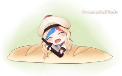 Rule 34 | 10s, 1girl, baguette, beret, blonde hair, blue hair, bread, character name, chibi, commandant teste (kancolle), double-breasted, closed eyes, food, hat, jacket, kantai collection, l (twintilde), long hair, multicolored hair, open mouth, red hair, scarf, solo, streaked hair, white hair