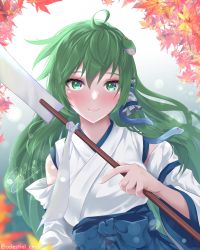 Rule 34 | 1girl, adapted costume, autumn, bare shoulders, blue bow, blue sash, blue sky, blush, bow, celestial commander, commentary request, detached sleeves, gohei, green eyes, green hair, holding, japanese clothes, kimono, kochiya sanae, long hair, long sleeves, looking at viewer, miko, nontraditional miko, nose blush, oonusa, sash, sky, smile, solo, sweat, touhou, touhou (pc-98), very long hair, white kimono, wide sleeves