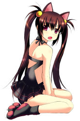 Rule 34 | animal ears, animal hands, bell, between thighs, brown hair, casual one-piece swimsuit, cat ears, frilled swimsuit, frills, hair bell, hair ornament, halterneck, kneeling, kooh, kyoku tou, long hair, one-piece swimsuit, open mouth, pangya, paw shoes, red eyes, simple background, sitting, solo, swimsuit, thighs, twintails, wariza