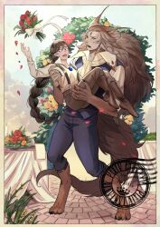 Rule 34 | 1boy, 1girl, animal feet, ascot, blue eyes, blue gemstone, blue vest, body fur, boots, bouquet, braid, braided ponytail, brown footwear, brown fur, brown hair, brown pants, claws, collared shirt, falling petals, fang, flower, full body, gem, hand up, hands up, highres, jewelry, karana cat, long hair, looking at another, looking at viewer, lynx boy, lynx ears, monster boy, necklace, open mouth, original, outdoors, pants, petals, plant, purple eyes, red flower, ring, rose, shirt, stamp mark, standing, suspenders, table, tail, very long hair, vest, whiskers, white shirt