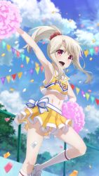 Rule 34 | 1girl, absurdres, alternate hairstyle, armpits, breasts, cheerleader, cloud, confetti, day, fate/kaleid liner prisma illya, fate (series), female focus, highres, illyasviel von einzbern, midriff, navel, official art, open mouth, outdoors, pom pom (cheerleading), ponytail, red eyes, scrunchie, sidelocks, skirt, sky, sleeveless, small breasts, solo, white legwear