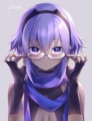 Rule 34 | 1girl, artist name, bespectacled, dark skin, dark-skinned female, fate/prototype, fate/prototype: fragments of blue and silver, fate (series), glasses, hassan of serenity (fate), kousaki rui, looking at viewer, open mouth, purple eyes, purple hair, scarf, short hair, signature, simple background, solo