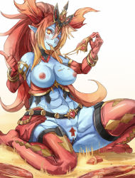 Rule 34 | 1girl, arrow (symbol), bad id, bad pixiv id, belt, blue skin, blue skirt, breasts, censored, colored skin, eating, elbow gloves, female pubic hair, food, gloves, gradient background, gradient hair, headdress, hera-ur (p&amp;d), hera (p&amp;d), large breasts, long hair, looking at viewer, multicolored hair, nipples, one eye closed, open mouth, orange hair, pepperoni, pizza, pointing, ponytail, pubic hair, pussy, puzzle &amp; dragons, red gloves, red hair, red pubic hair, red thighhighs, shaped pubic hair, skirt, smile, solo, star-shaped pupils, star (symbol), symbol-shaped pupils, thighhighs, very long hair, yohane