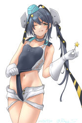 Rule 34 | 1girl, aqua hat, black one-piece swimsuit, black ribbon, brown eyes, candy, clothes pull, commentary request, competition swimsuit, cowboy shot, food, garrison cap, gloves, grey hair, hair ornament, hat, highleg, highleg swimsuit, holding, holding candy, holding food, kantai collection, lollipop, long hair, looking at viewer, navel, one-hour drawing challenge, one-piece swimsuit, one-piece swimsuit pull, ray.s, ribbon, scamp (kancolle), short shorts, shorts, side ponytail, solo, star (symbol), star hair ornament, swimsuit, tongue, tongue out, two-tone one-piece swimsuit, white gloves, white shorts
