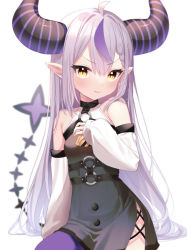 Rule 34 | 1girl, ahoge, bare shoulders, black dress, black horns, blush, braid, braided bangs, chest harness, demon girl, demon horns, detached sleeves, dress, embarrassed, hair between eyes, harness, hololive, holox, horns, la+ darknesss, long hair, long sleeves, looking at viewer, multicolored hair, negima (le ne38), pointy ears, purple hair, purple horns, purple thighhighs, short dress, side slit, silver hair, single thighhigh, sleeves past wrists, solo, streaked hair, striped horns, tail, thighhighs, very long hair, virtual youtuber, yellow eyes