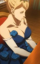Rule 34 | 1girl, bare shoulders, black clover, blonde hair, blue dress, blue eyes, breasts, charlotte roselei, cleavage, dress, highres, large breasts, stitched, third-party edit