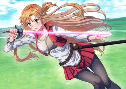 Rule 34 | 1girl, armor, asuna (sao), asymmetrical bangs, belt, black pantyhose, blue sky, blurry, blurry background, braid, breastplate, brown belt, brown eyes, brown hair, collarbone, commentary request, cropped vest, dutch angle, fighting stance, glowing, glowing sword, glowing weapon, grasslands, holding, holding sword, holding weapon, long hair, long sleeves, manato, miniskirt, motion blur, open mouth, pantyhose, pleated skirt, rapier, red skirt, red vest, shirt, short ponytail, skirt, sky, solo, sword, sword art online, sword art online progressive, vest, weapon, white shirt