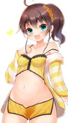 Rule 34 | 1girl, :d, ahoge, aqua eyes, blush, breasts, brown hair, camisole, collarbone, commentary request, cowboy shot, crop top, groin, hair between eyes, hair ornament, hair scrunchie, hand up, heart, highres, hololive, jacket, long sleeves, midriff, natsuiro matsuri, natsuiro matsuri (matsuri&#039;s day off), navel, off shoulder, open clothes, open jacket, open mouth, orange scrunchie, scrunchie, short shorts, shorts, side ponytail, simple background, sleeves past wrists, small breasts, smile, solo, strap slip, striped clothes, striped jacket, virtual youtuber, white background, yellow camisole, yellow shorts, ymd (holudoun)