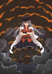 Rule 34 | 1girl, bell shireikan, belt, black footwear, black gloves, black hat, black pantyhose, black skirt, boots, cannon, closed mouth, commentary request, gangut (kancolle), gangut dva (kancolle), gloves, grey hair, hair between eyes, hat, highres, jacket, kantai collection, long hair, machinery, orange eyes, pantyhose, partial commentary, peaked cap, red shirt, shirt, skirt, smile, smoke, smokestack, solo, turret, white jacket