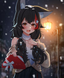 Rule 34 | 1girl, :d, animal ear fluff, animal ears, black hair, black skirt, blurry, blurry background, blush, box, brown cardigan, brown eyes, cardigan, commentary request, daichi (daichi catcat), gift, gift box, hair ornament, hair over shoulder, highres, holding, holding box, hololive, incoming gift, lantern, long hair, multicolored hair, night, ookami mio, ookami mio (street), open mouth, outdoors, red hair, shirt, skirt, sleeveless, sleeveless shirt, smile, solo, star (symbol), star hair ornament, streaked hair, virtual youtuber, white shirt, wolf ears