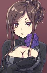 Rule 34 | 1girl, adjusting clothes, bad id, bad twitter id, black gloves, breasts, brown hair, cleavage, cleavage cutout, clothing cutout, dorothy (princess principal), fuyu rin, gloves, hair up, large breasts, princess principal, purple eyes, simple background, smile, solo, upper body