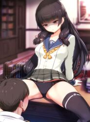 Rule 34 | 1boy, 1girl, admiral (kancolle), arm support, black hair, black panties, black skirt, black thighhighs, blurry, blurry background, blush, book, breasts, collarbone, commentary request, commission, desk, desk lamp, gloves, hair ribbon, hhh (wave), indoors, isokaze (kancolle), jacket, kantai collection, kneehighs, lamp, long hair, looking at another, medium breasts, military jacket, neckerchief, on desk, panties, parted lips, pleated skirt, red eyes, ribbon, sailor collar, school uniform, serafuku, shaded face, shirt, short hair, single kneehigh, single sock, single thighhigh, sitting, on desk, skeb commission, skirt, socks, sweatdrop, thighhighs, tress ribbon, underwear, white gloves, white shirt, yellow neckerchief