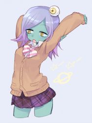 Rule 34 | 10s, 1girl, :o, alien, arm behind head, arm up, bow, bowtie, cardigan, colored skin, cropped legs, eyeball, fang, green skin, hair ornament, midori (uchuu patrol luluco), open mouth, outstretched arm, plaid, plaid skirt, pleated skirt, purple hair, school uniform, skirt, sleeves past wrists, solo, soto, stretching, striped bow, striped bowtie, striped clothes, striped neckwear, uchuu patrol luluco, yellow eyes