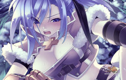 Rule 34 | 10s, 1girl, 2010, agarest senki, agarest senki (series), blush, breasts, cleavage, close-up, company name, copyright name, crop top, game cg, gloves, highres, hirano katsuyuki, large breasts, noah (agarest senki), official art, purple eyes, purple hair, short hair, side ponytail, solo, sweat, wince