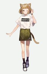 Rule 34 | 1girl, ;3, animal ear fluff, animal ears, arm at side, black footwear, black socks, blush, bob cut, brown eyes, brown hair, cat ears, cat tail, clothes writing, converse, drill hair, full body, green skirt, grey background, hand up, kneehighs, looking at viewer, medium skirt, one eye closed, original, shirt, shirt tucked in, shoes, short hair, short sleeves, shugao, simple background, skirt, sneakers, socks, solo, standing, tail, v-shaped eyebrows, white shirt, wristband
