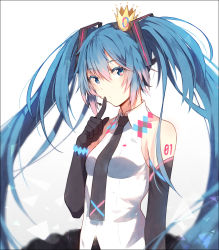 Rule 34 | 1girl, aqua eyes, aqua hair, bad id, bad pixiv id, black gloves, crown, elbow gloves, finger to mouth, gloves, hakusai (tiahszld), hatsune miku, headset, long hair, looking at viewer, mini crown, necktie, solo, twintails, upper body, very long hair, vocaloid, white background