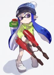 Rule 34 | 1girl, beanie, bike shorts, blue eyes, blue hair, blush, coat, container, full body, gun, hat, holding, ink tank (splatoon), inkling, inkling girl, inkling player character, long hair, looking at viewer, matching hair/eyes, nintendo, pointy ears, shoes, sketch, smile, solo, soto, splatoon (series), splatoon 1, standing, tentacle hair, weapon, white background