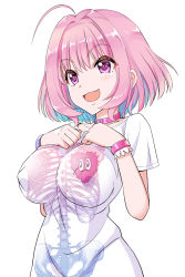 Rule 34 | 1girl, :3, ahoge, belt collar, breast suppress, breasts, collar, collarbone, covered erect nipples, fang, hair between eyes, hair intakes, heart collar, heart on chest, idol, idolmaster, idolmaster cinderella girls, large breasts, looking at viewer, multicolored hair, no bra, open mouth, pink collar, pink eyes, pink hair, pink wristband, shirt, simple background, skeleton print, smile, solo, t-shirt, two-tone hair, upper body, white background, wristband, yumemi riamu, zless