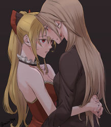 Rule 34 | 2girls, arms around waist, bare arms, black background, black bow, black shirt, blonde hair, bow, brown hair, choker, closed mouth, collarbone, couple, dress, earrings, eye contact, gem, granblue fantasy, hair bow, high ponytail, highres, hug, jewelry, katalina (granblue fantasy), long hair, looking at another, looking down, looking up, miso-ha (ukyuu), multiple girls, parted lips, red bow, red eyes, red gemstone, shirt, straight hair, strapless, strapless dress, sweatdrop, twitter username, two-tone bow, very long hair, vira (granblue fantasy), yuri