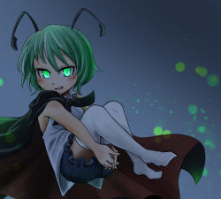 Rule 34 | 1girl, antennae, blush, bug, cape, chamaji, firefly, glowing, glowing eyes, gradient background, green eyes, green hair, grey background, insect, looking at viewer, no shoes, open mouth, simple background, solo, thighhighs, touhou, white thighhighs, wriggle nightbug