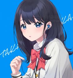 Rule 34 | 1girl, arm at side, black hair, blue background, blue eyes, blush, bow, bowtie, cardigan, character name, collared shirt, commentary request, earphones, gridman universe, hand up, highres, holding, holding earphones, long hair, long sleeves, looking at viewer, open mouth, poddo (potto), portrait, red bow, shirt, simple background, solo, ssss.gridman, takarada rikka, upper body, watermark, white shirt