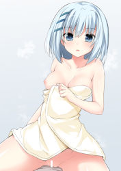 Rule 34 | 10s, 1girl, bar censor, blue eyes, blue hair, breasts, censored, cleavage, covered erect nipples, date a live, eyes visible through hair, groin, hair ribbon, matching hair/eyes, medium breasts, medium hair, naked towel, nipples, nude, one breast out, oozora itsuki, pussy, ribbon, solo, tobiichi origami, towel