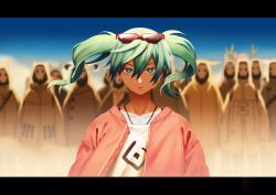 Rule 34 | absurdres, aqua eyes, bad id, bad pixiv id, blurry, coat, depth of field, earrings, expressionless, eyewear on head, green eyes, green hair, hatsune miku, highres, hood, horns, jacket, jewelry, letterboxed, long hair, looking at viewer, mask, skull mask, solo focus, suna no wakusei (vocaloid), sunglasses, twintails, vocaloid