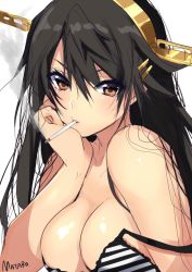 Rule 34 | 10s, 1girl, arm support, bare shoulders, bra, breasts, brown eyes, brown hair, cigarette, cleavage, hairband, haruna (kancolle), kantai collection, large breasts, long hair, looking at viewer, mataro (matarou), one-hour drawing challenge, simple background, smoke, smoking, solo, strap slip, striped bra, striped clothes, tsurime, underwear, white background