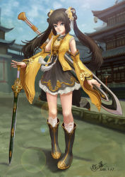 Rule 34 | 1girl, absurdres, boots, brown hair, detached sleeves, grey eyes, highres, japanese clothes, knee boots, lace, original, solo, sword, weapon, weapon request, wide sleeves, yuutou