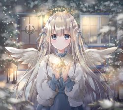Rule 34 | 1girl, angel, angel wings, arms up, blue dress, blue eyes, blurry, blurry foreground, candle, christmas, christmas lights, christmas wreath, commentary, door, dress, english commentary, expressionless, fur jacket, hair ornament, hair ribbon, halo, high collar, highres, hoshiibara mato, ivy, jacket, lantern, light blush, long hair, looking at viewer, night, original, outdoors, pine tree, ribbon, silver hair, snow, solo, standing, star (symbol), tree, upper body, very long hair, window, wings, winter, wreath