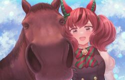 Rule 34 | 1girl, 1other, :d, animal ears, bow, bowtie, brown eyes, brown hair, commentary request, commission, creature and personification, ear covers, horse, horse ears, horse girl, jinno shigure, long sleeves, looking at viewer, multicolored hair, nice nature (racehorse), nice nature (umamusume), open mouth, signature, skeb commission, smile, streaked hair, twintails, umamusume