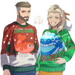 Rule 34 | 1boy, 1girl, alternate costume, beard, bright pupils, brown eyes, brown hair, christmas sweater, closed mouth, commentary request, creatures (company), earrings, facial hair, game freak, green eyes, green sweater, grin, hand on own hip, highres, husband and wife, jewelry, long sleeves, looking at viewer, nintendo, pants, pokemon, pokemon sv, print sweater, sada (pokemon), saida (ohda ooda), short hair, smile, sweater, teeth, turo (pokemon), undercut, white background, white pupils