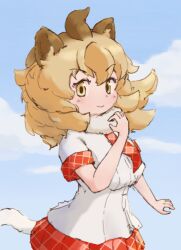 Rule 34 | 1girl, animal ears, blue sky, brown eyes, brown hair, extra ears, highres, kemono friends, lion (kemono friends), lion ears, lion girl, lion tail, long hair, looking at viewer, necktie, outdoors, red necktie, red skirt, scarf, shirt, skirt, sky, solo, tail, white shirt, zzz ansh