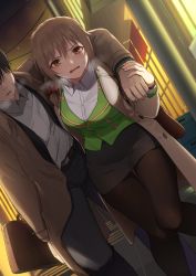 Rule 34 | 1boy, 1girl, arm around neck, black pantyhose, black skirt, blazer, breath, brown hair, carrying, coat, commentary, dress shirt, dutch angle, frown, green jacket, hair ornament, hair over shoulder, hair scrunchie, idolmaster, idolmaster cinderella girls, jacket, kamille (vcx68), long sleeves, medium hair, miniskirt, night, office lady, open clothes, open coat, open mouth, orange eyes, outdoors, pantyhose, pencil skirt, red scrunchie, scrunchie, senkawa chihiro, shirt, skirt, sweat, trench coat, white shirt, wing collar