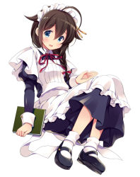 Rule 34 | 1girl, ankle socks, apron, blue eyes, blush, braid, brown hair, dress, frills, full body, hair flaps, hair over shoulder, kantai collection, long hair, looking at viewer, maid, maid apron, maid cap, maid headdress, odawara hakone, open mouth, red ribbon, ribbon, shigure (kancolle), shigure kai ni (kancolle), simple background, sitting, skirt, smile, socks, solo, victorian maid, waist apron, white background