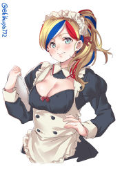 Rule 34 | 1girl, alternate costume, alternate hairstyle, apron, black dress, blonde hair, blue eyes, blue hair, blush, breasts, buttons, cleavage, closed mouth, commandant teste (kancolle), detached collar, dress, ebifurya, enmaided, frilled hairband, frills, hair ribbon, hairband, hand on own hip, highres, holding, holding tray, juliet sleeves, kantai collection, long hair, long sleeves, looking at viewer, maid, maid apron, medium breasts, multicolored hair, ponytail, puffy sleeves, red hair, red ribbon, ribbon, simple background, smile, solo, streaked hair, tray, twitter username, upper body, wavy hair, white apron, white background, white hair