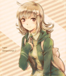 Rule 34 | 1girl, blush, brown background, brown dress, brown eyes, brown hair, cardigan, collared dress, collared shirt, copyright name, danganronpa (series), danganronpa 2: goodbye despair, dress, green cardigan, grey skirt, hair ornament, hairclip, highres, hood, hood down, hooded cardigan, leaning forward, long sleeves, looking at viewer, nanami chiaki, neck ribbon, open cardigan, open clothes, pink ribbon, pleated skirt, ribbon, riq, shirt, skirt, sleeves past wrists, smile, solo, standing, striped, striped background, wing collar