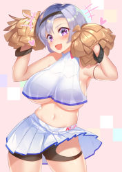 Rule 34 | 1girl, azur lane, bad id, bad pixiv id, bare shoulders, black hairband, black shorts, blush, breasts, cheerleader, commentary request, crop top, crop top overhang, fang, grey hair, hair between eyes, hair ornament, hairband, heart, holding, large breasts, looking at viewer, navel, purple eyes, reno (azur lane), revealing clothes, see-through, shirt, short hair, shorts, skin fang, skirt, sleeveless, smile, solo, underboob, yuruto