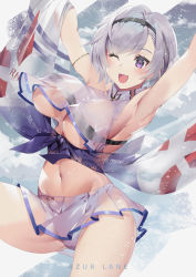 Rule 34 | 1girl, armpits, arms up, azur lane, blush, breasts, cheerleader, copyright name, crop top, grey hair, holding, holding pom poms, large breasts, looking at viewer, navel, one eye closed, open mouth, pom pom (cheerleading), pom poms, purple eyes, reno (azur lane), reno (biggest little cheerleader) (azur lane), sash, see-through, short hair, smile, solo, swept bangs, thighs, two-tone skirt, underboob, yoshimoto (dear life)