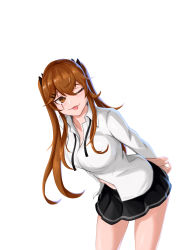 Rule 34 | 1girl, absurdres, arms behind back, black skirt, breasts, brown eyes, brown hair, collared shirt, copycat001, eyelashes, girls&#039; frontline, highres, large breasts, long hair, looking at viewer, navel, scar, scar across eye, scar on face, shirt, skirt, solo, tongue, tongue out, ump9 (girls&#039; frontline), white background, white shirt
