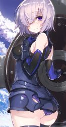 Rule 34 | 1girl, arm guards, armor, armored dress, artist name, ass, black dress, black gloves, black thighhighs, blue sky, blush, breasts, closed mouth, cloud, cowboy shot, day, dress, elbow gloves, eyebrows, closed eyes, fate/grand order, fate (series), from behind, gloves, hand on own chest, holding, large breasts, looking at viewer, looking back, mash kyrielight, mika pikazo, panties, pink hair, purple panties, shield, short hair, skindentation, sky, smile, solo, standing, thighhighs, underwear