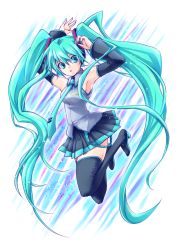 Rule 34 | 1girl, aqua eyes, aqua hair, armpits, arms up, bad id, bad pixiv id, boots, breasts, detached sleeves, female focus, full body, hatsune miku, highres, long hair, necktie, nonosaki, simple background, skirt, solo, thigh boots, thighhighs, twintails, very long hair, vocaloid, white background