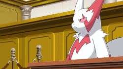 Rule 34 | ace attorney, column, commentary request, creatures (company), frown, furry, game freak, gen 3 pokemon, highres, indoors, matchstick 39, nintendo, no humans, pillar, pokemon, pokemon (creature), red eyes, rope, tail, white fur, zangoose
